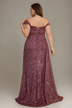 Curveins Plus Size V Neck Side Slit Spaghetti Strap Sequin Fitted Maxi Dress
