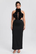Curveins Plus Size Sexy Halter Neck Large Flower Fitted Back Slit Maxi Dress