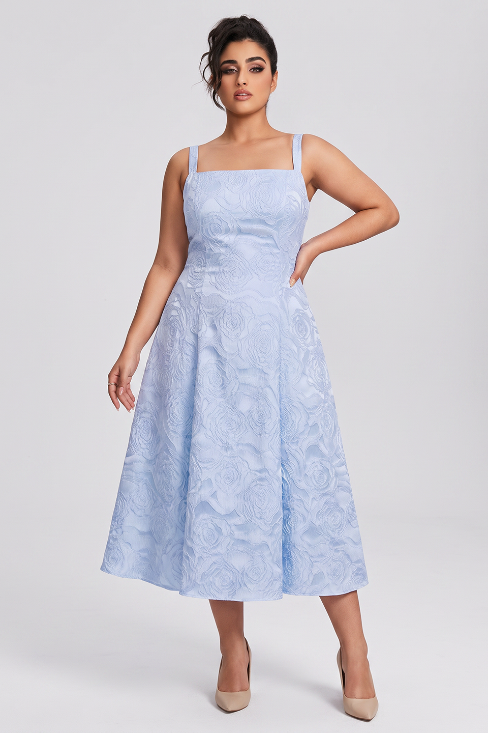 Curveins Plus Size Square Neck Sleeveless Spaghetti Strap Slim Fit Elegant Midi Dress