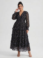 Curveins Plus Size V Neck Long Sleeve Floral Tiered Maxi Dress