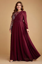 Curveins Plus Size Elegant Ruched Waist Long Sleeve Round Neck Maxi Dress