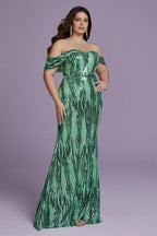 Curveins Plus Size Off-Shoulder Bodycon Sequin Maxi Dress with Textured Detailing