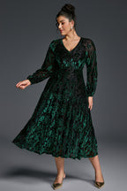 Curveins Plus Size V-Neck Flowy Bell Sleeves Pleated Velvet Midi Dress