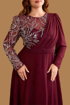Curveins Plus Size Elegant Ruched Waist Long Sleeve Round Neck Maxi Dress