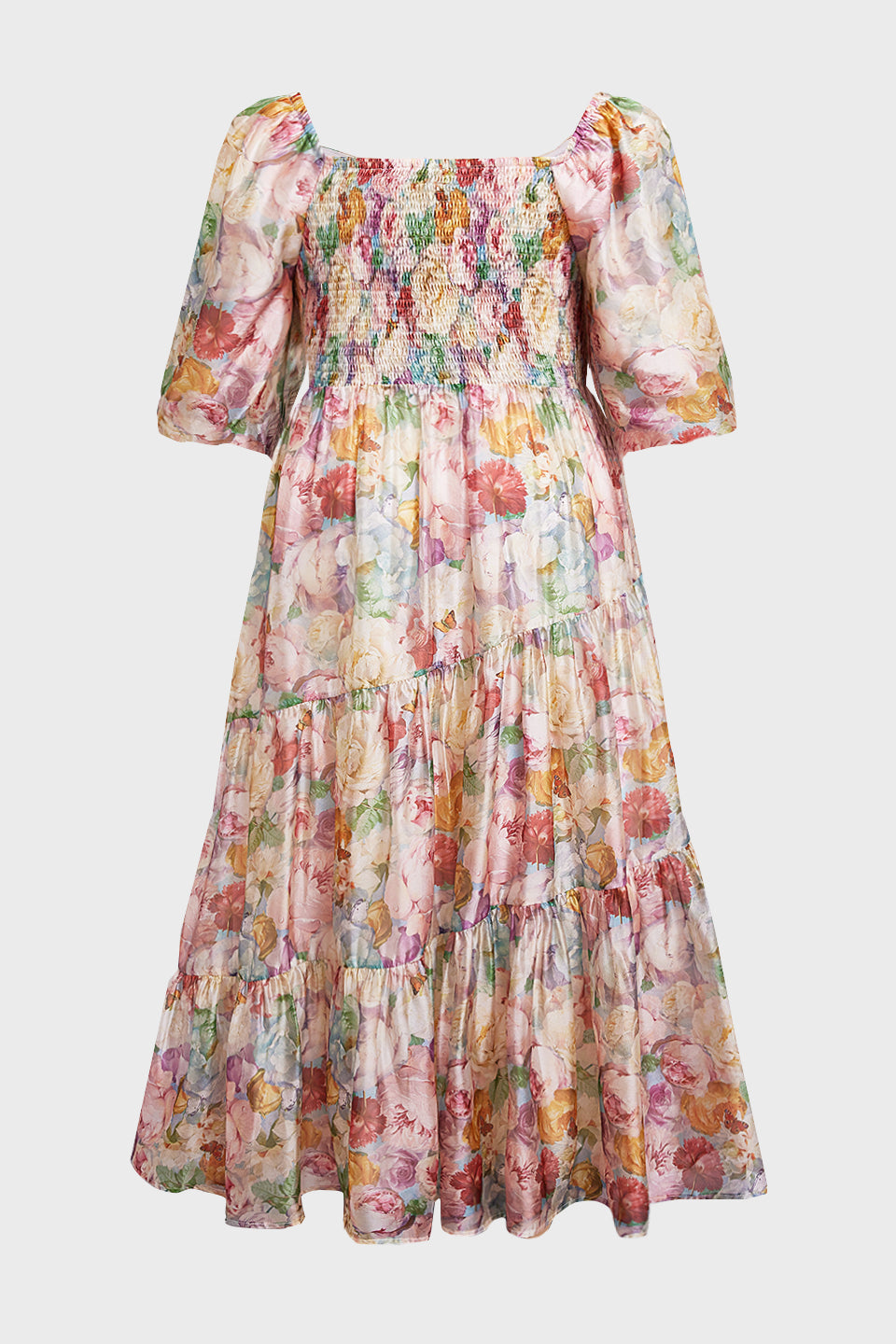 Curveins Plus Size V-Neck Flower Print Pleated Maxi Dress