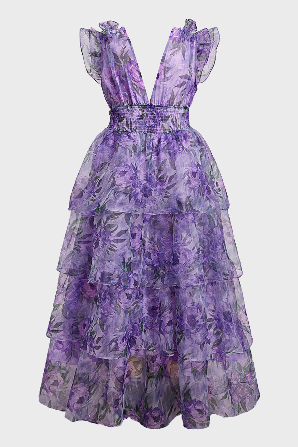 Curveins Plus Size V-Neck Sleeveless Floral Tiered Maxi Dress with Decorative Shoulder Detail