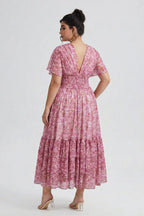 Curveins Plus Size  Floral Smocked Waist Ruffle Sleeve Maxi Dress
