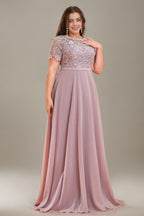 Curveins Plus Size Round Neck Short Sleeve Embroidered Waist Cinched Elegant Maxi Dress