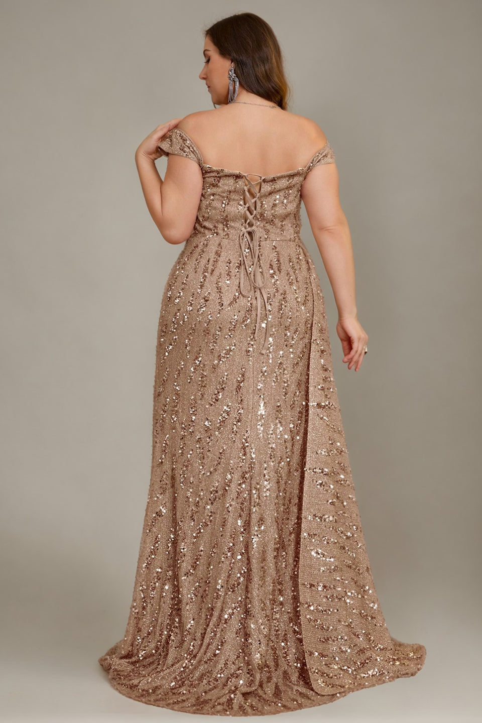 Curveins Plus Size V Neck Side Slit Spaghetti Strap Sequin Fitted Maxi Dress