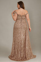 Curveins Plus Size V Neck Side Slit Spaghetti Strap Sequin Fitted Maxi Dress