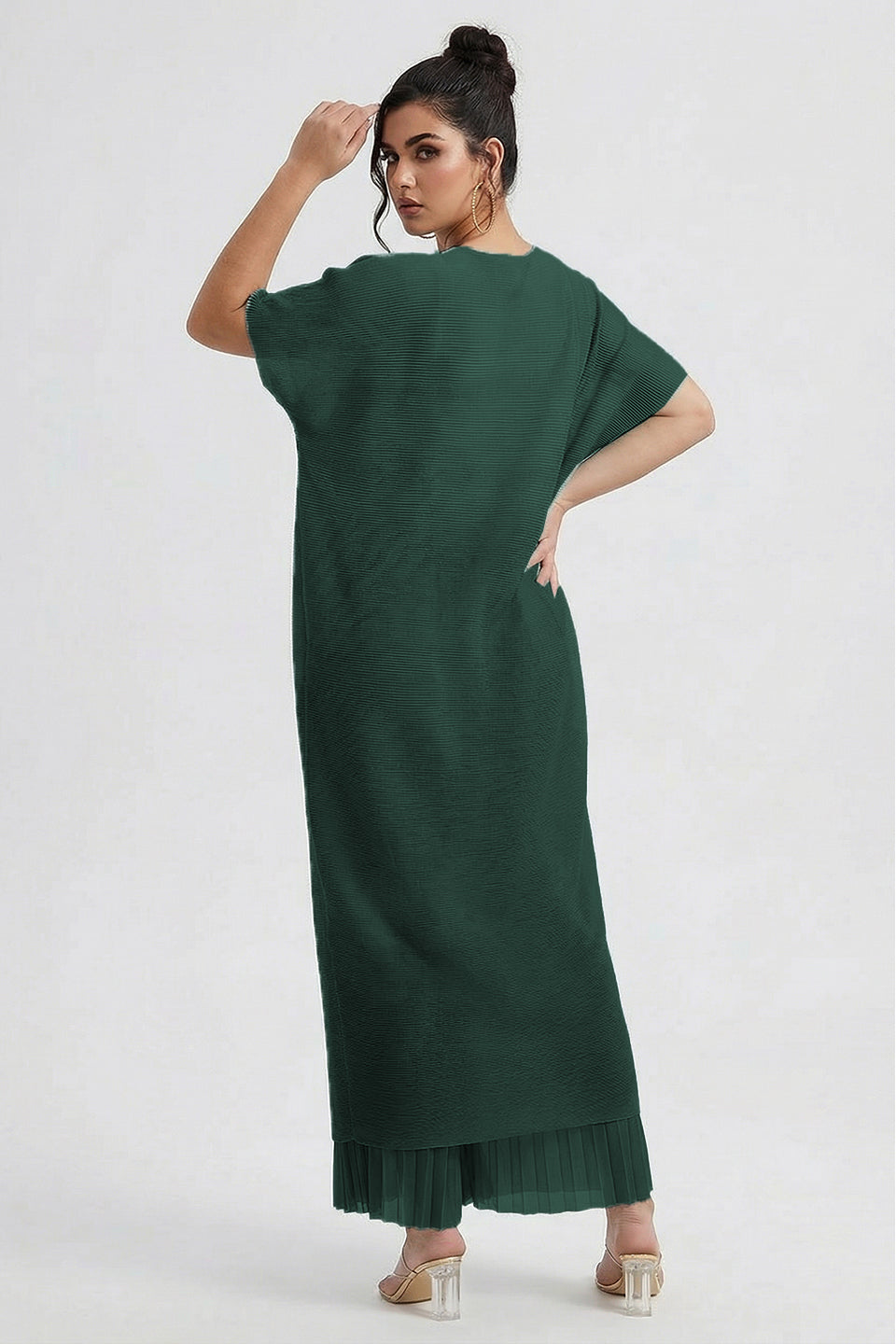 Curveins Plus Size Round Neck Short Sleeve Robe and Wide-Leg Pants Set