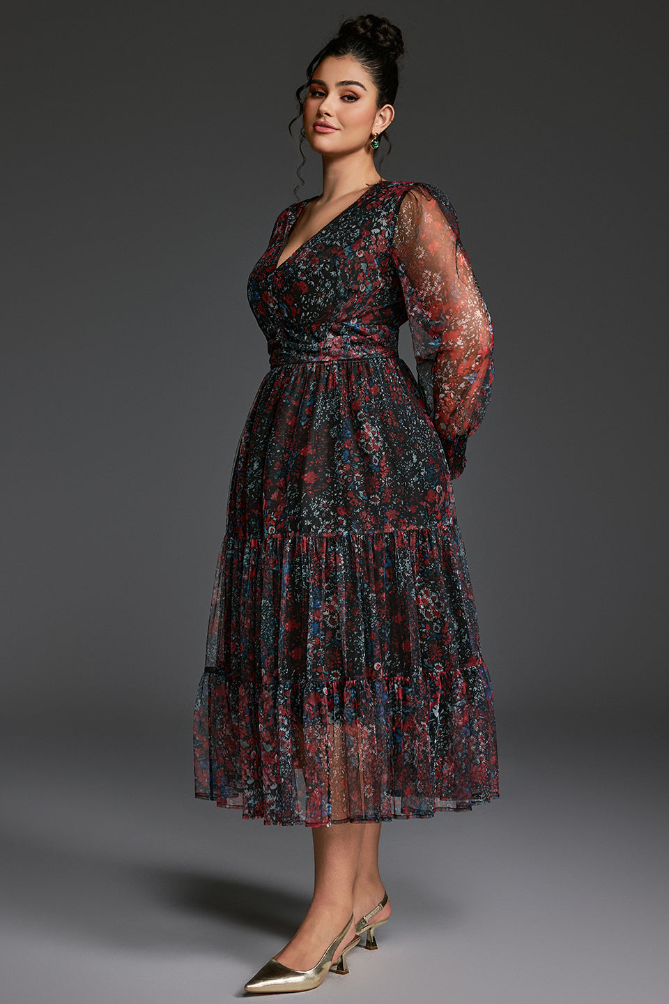 Curveins Plus Size V-Neck Floral Asymmetrical Hem Midi Dress