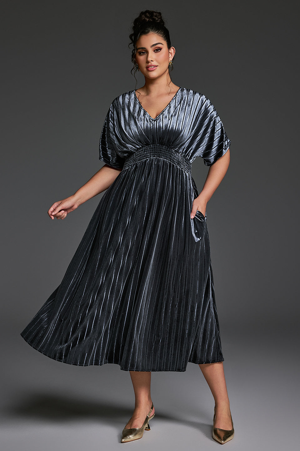 Curveins Plus Size V-Neck Batwing Sleeve Pleated A-Line Velvet Midi Dress