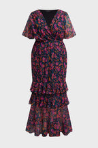 Curveins Plus Size V-Neck Batwing Sleeve Printed Maxi Dress with Ruched Detail