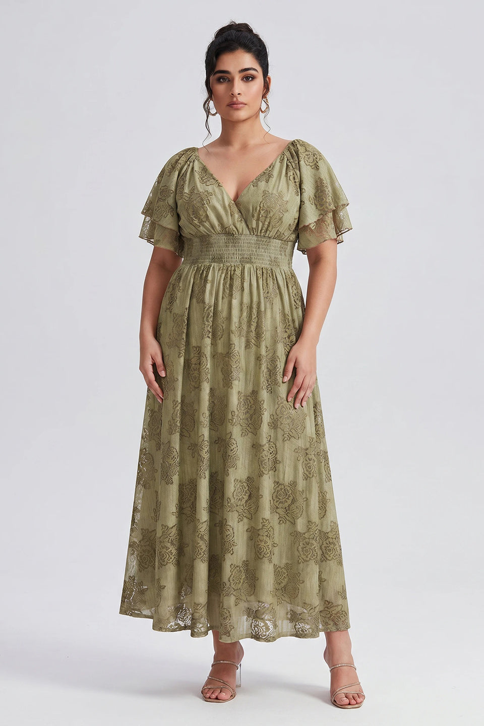 Curveins Plus Size V Neck Batwing Sleeve Plaid Pattern Flowy Maxi Dress