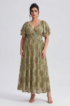 Curveins Plus Size V Neck Batwing Sleeve Plaid Pattern Flowy Maxi Dress