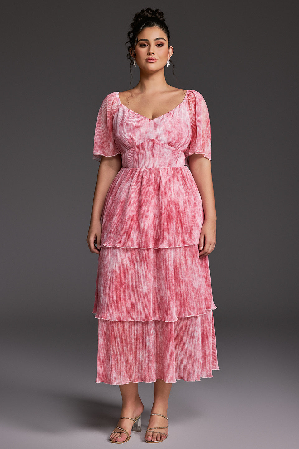 Curveins Plus Size V-Neck Ruffle Hem Tiered Maxi Dress