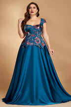 Curveins Plus Size Elegant V-Neck Sequin Detail Short Sleeve Long Dress