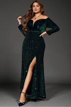 Curveins Plus Size V-Neck Velvet Sequin Strapless Maxi Dress