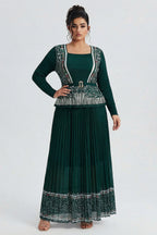 Curveins Plus Size Square Neck Long Sleeve Pleated Waist Maxi Dress