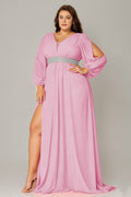 Curveins Plus Size V-Neck Long Sleeve Waist Slim Split Maxi Dress