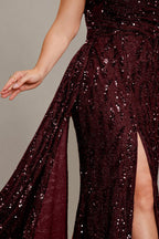 Curveins Plus Size V Neck Side Slit Spaghetti Strap Sequin Fitted Maxi Dress