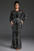 Curveins Plus Size Sheer Round Neck Puff Sleeve Patterned Sequin Bodycon Maxi Dress