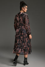 Curveins Plus Size Velvet V-Neck Lantern Sleeve Tiered Midi Dress