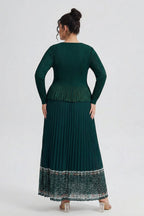 Curveins Plus Size Square Neck Long Sleeve Pleated Waist Maxi Dress