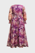 Curveins Plus Size V Neck Long Sleeve Floral Waist Maxi Dress
