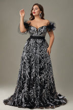 Curveins Plus Size Off Shoulder Sequin Pattern Cinched Waist Maxi Dress