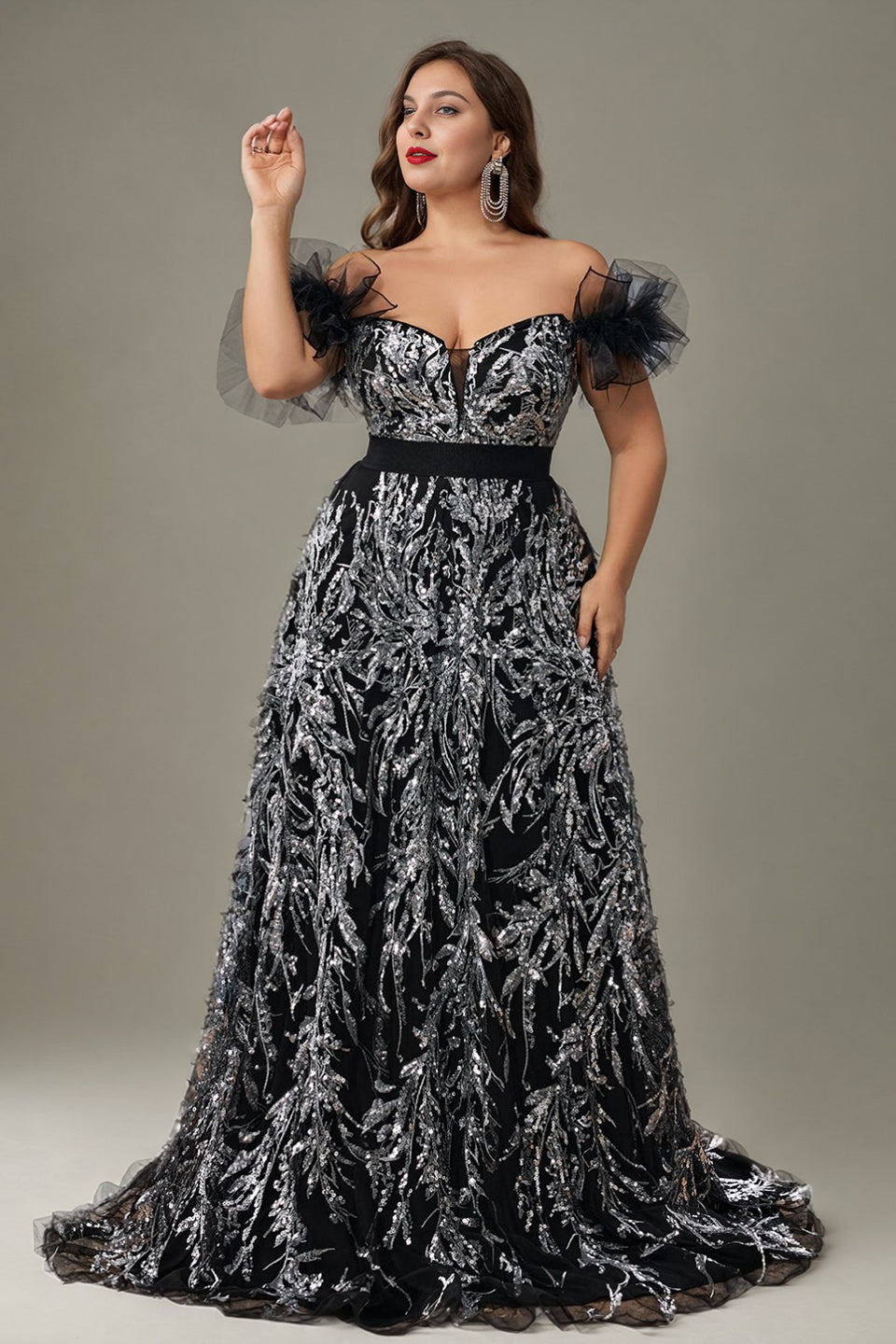 Curveins Plus Size Off Shoulder Sequin Pattern Cinched Waist Maxi Dress