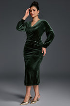 Curveins Plus Size V-Neck Long Sleeves Side Slit Bodycon Midi Dress
