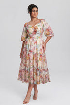 Curveins Plus Size V-Neck Flower Print Pleated Maxi Dress