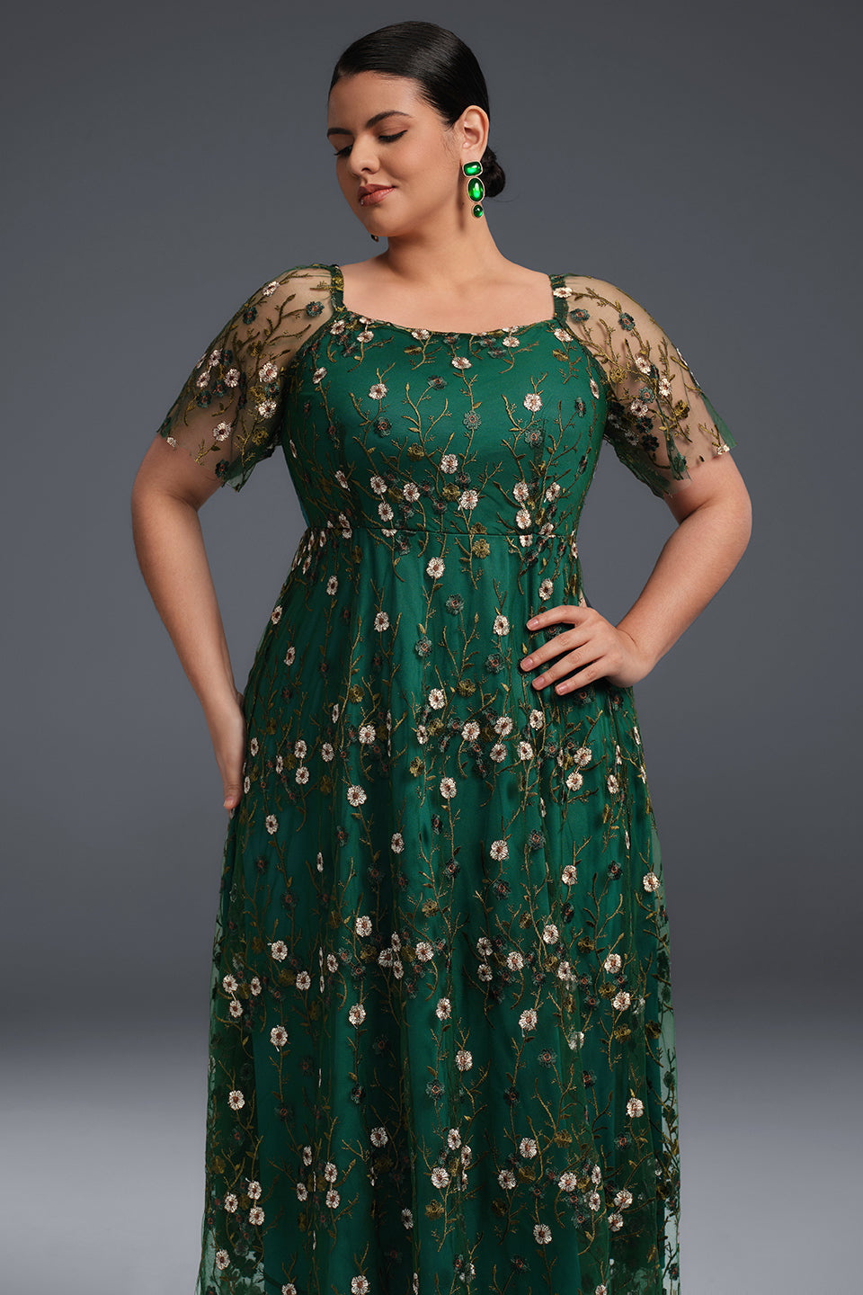 Curveins Plus Size Draped Collar Embroidered Ruffle Hem Maxi Dress