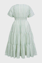 Curveins Plus Size V-Neck Striped Short Sleeve Pleated Maxi Dress