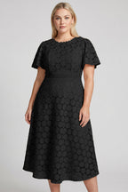 Curveins Plus Size Lace Hollow Detail Round Neck Short Sleeve Waist Defining Midi Dress