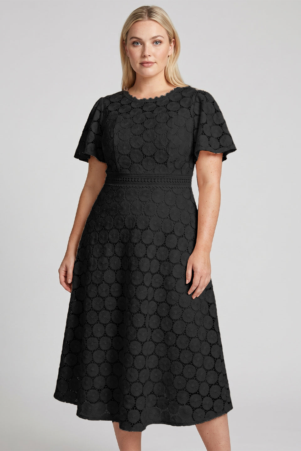 Curveins Plus Size Lace Hollow Detail Round Neck Short Sleeve Waist Defining Midi Dress