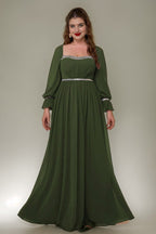 Curveins Plus Size Square Neck Long Sleeve Maxi Dress with Ruched Waist
