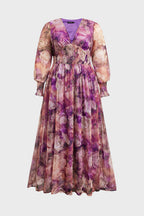 Curveins Plus Size V Neck Long Sleeve Floral Waist Maxi Dress
