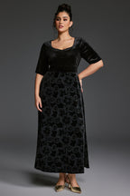 Curveins Plus Size V-Neck Long Sleeves Fitted Waist Floral Patchwork Maxi Dress