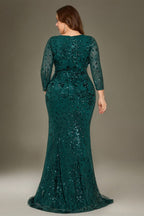 Curveins Plus Size V Neck Long Sleeve Sequin Floral Pattern Elegant Maxi Dress