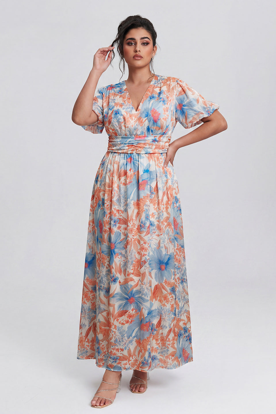 Curveins Plus Size V Neck Puff Sleeve Floral Pattern Elegant Flowing Maxi Dress