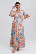 Curveins Plus Size V Neck Puff Sleeve Floral Pattern Elegant Flowing Maxi Dress