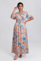 Curveins Plus Size V Neck Puff Sleeve Floral Pattern Elegant Flowing Maxi Dress