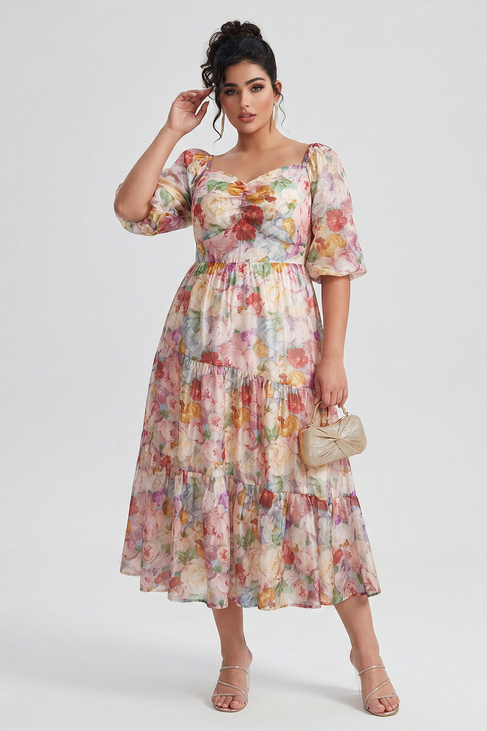 Curveins Plus Size V-Neck Flower Print Pleated Maxi Dress