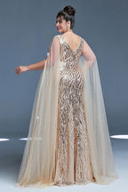 Curveins Plus Size V-Neck Sequin Maxi Dress with Cape Sleeves