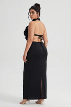 Curveins Plus Size Sexy Halter Neck Large Flower Fitted Back Slit Maxi Dress