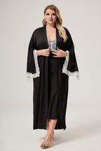 Curveins Plus Size Satin Chiffon Lace Trim Long Sleeve Elegant Robe Sleepwear