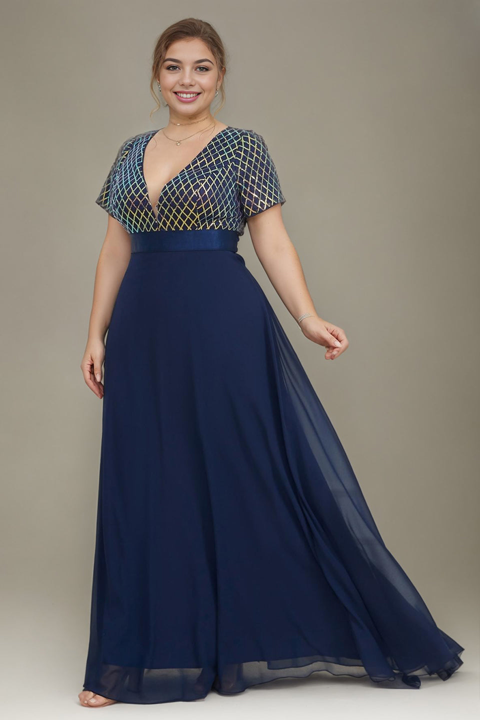 Curveins Plus Size Sequin V-Neck Short Sleeve Maxi Evening Gown